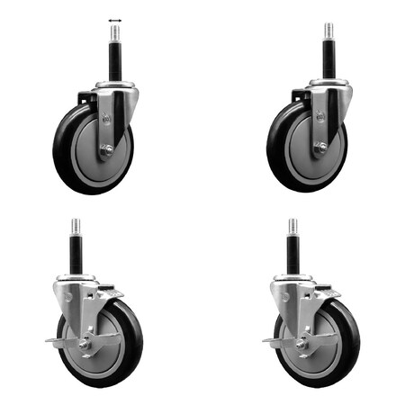 Service Caster 5'' Black Poly Wheel Swivel 3/4'' Expanding Stem Caster Set 2 Brakes, 4PK SCC-EX20S514-PPUB-BLK-2-TLB-2-34